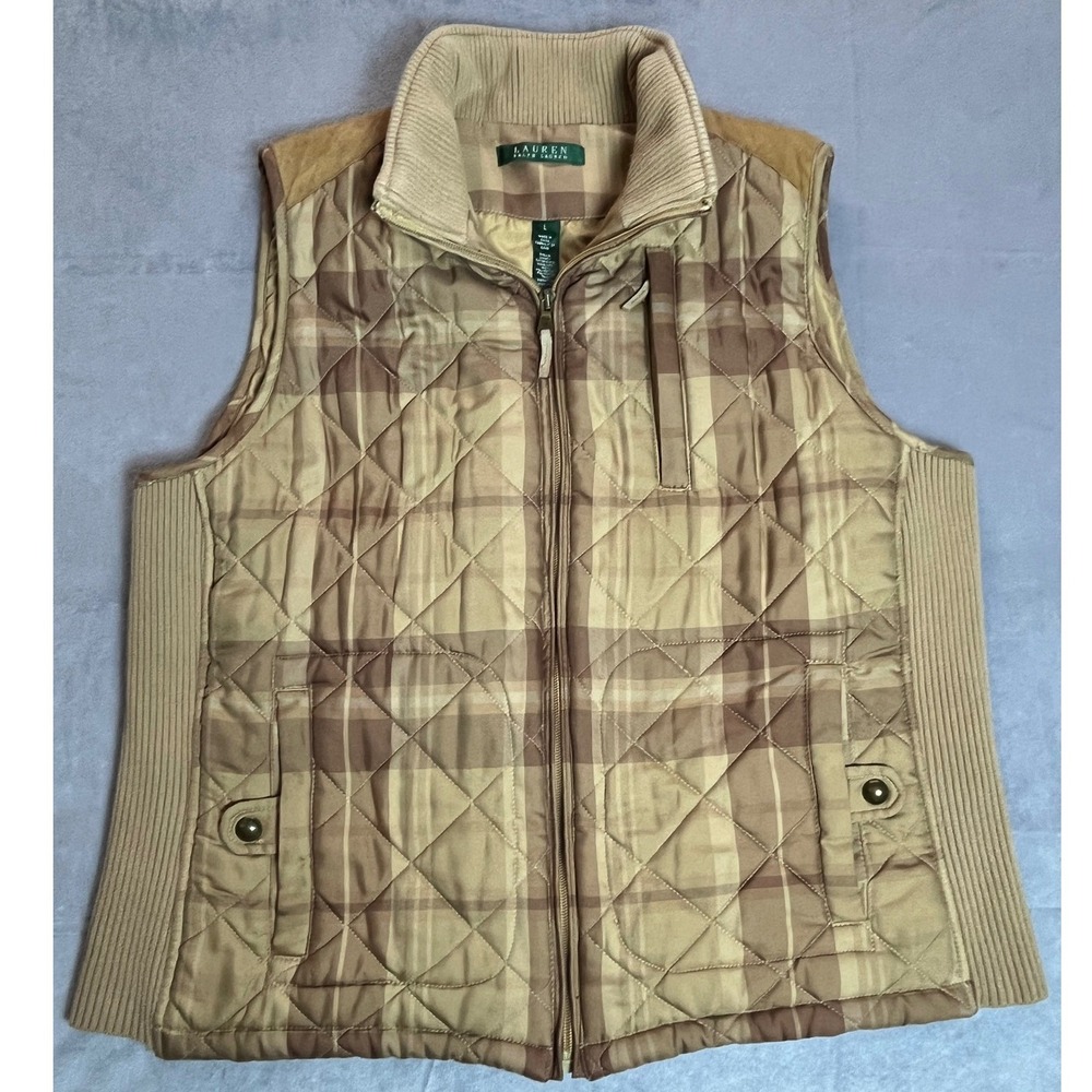 Lauren Ralph Lauren Women Quilted Plaid Vest LG Tan Brown Snap Pockets